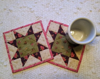 Quilted Fabric Mug Rugs Coasters Spring Handmade Farmhouse Country Rustic Star Primitive Cottage Chic Patchwork Set of 2