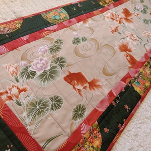 Quilted Japanese Table Runner Zen Asian Koi Fish Lotus Flowers