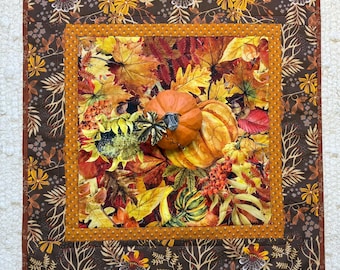 Quilted Table Topper 16” x 16” Fall Leaves Harvest Pumpkin