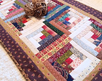 Quilted Table Runner Log Cabin Scrappy Primitive Rustic Farmhouse Country Cottage Chic