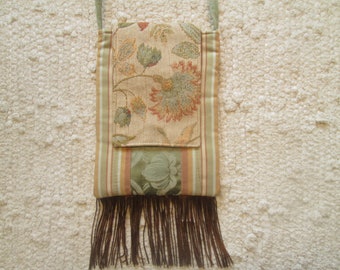 Tapestry Fringe Crossbody Cell Phone Bag Upcycled Upholstery Messenger Spring Boho Shabby Chic Cottagecore