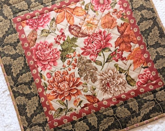 Thanksgiving Fall Quilted Table Topper: Autumn Leaves, Flowers, Acorns (17.5" Square)