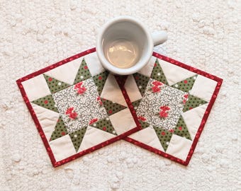 Quilted Mug Rugs Coasters Set of 2 Christmas Sawtooth Star Winter Holidays Handmade