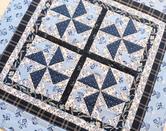 Handmade Quilted Blue Table Topper: Pinwheel Farmhouse Decor (22x22
