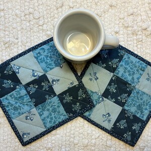 Quilted Mug Rugs: Teal Blue Patchwork, Set of 2 (6.5" Square)