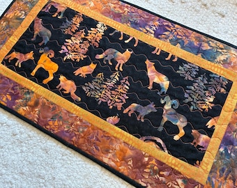 Quilted Batik Table Runner: Forest Wildlife Fall Foliage Autumn Decor (23" x 13")