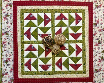 Quilted Table Topper; Rustic Farmhouse Country Dutchman's Puzzle, 22.25" Square