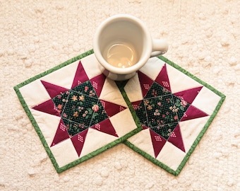 Quilted Mug Rugs: Vintage Calico Farmhouse Handmade Sawtooth Star,  Set of 2 (6.75"  Square)