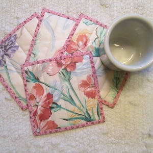 Quilted Fabric Mug Rugs 5.5" Coasters Spring Summer Handmade Set of 4 Upcycled Vintage Chintz Shabby Chic Cottagecore Farmhouse Country