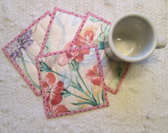 Quilted Fabric Mug Rugs Coasters Spring Summer Handmade Set of 4 Upcycled Vintage Chintz Shabby Chic Cottagecore Farmhouse Country