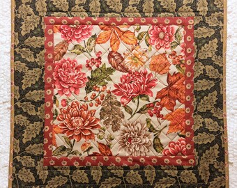 Thanksgiving Fall Quilted Table Topper: Autumn Leaves, Flowers, Acorns (17.5" Square)