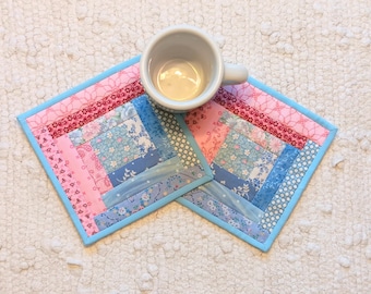Quilted Mug Rugs Coasters 6.5&quot; Handmade Set of 2 Log Cabin Vintage
