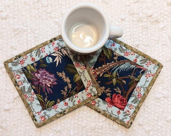 Quilted Mug Rugs: Antique Reproduction Floral, Set of 2 (6" Square)