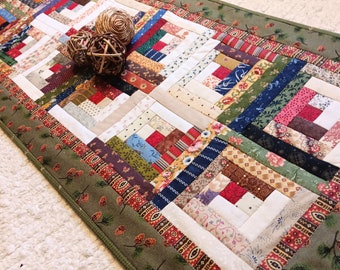 Quilted Log Cabin Table Runner 35 x 14.75 Topper Handmade- Primitive Rustic Farmhouse Country Scrappy Fall Winter