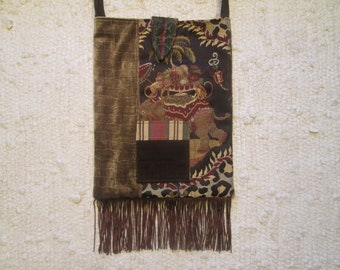 Upcycled Upholstery Fabric Crossbody Bag Boho Gypsy Retro Hippie Fringe Vegan Elephant Messenger