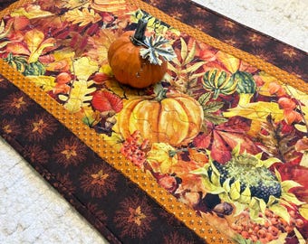 Quilted Table Runner: Fall Leaves Pumpkins Harvest Autumn Decor (14” x 26.5”)
