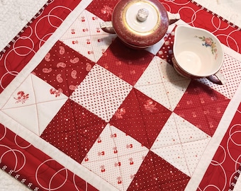 Classic Red and White Table Topper, Quilted: Handmade Patchwork Farmhouse, 19.5" Square