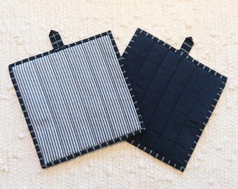 Navy Blue Ticking Quilted Potholders Set of 2 Quilted Farmhouse Rustic Country Upcycled