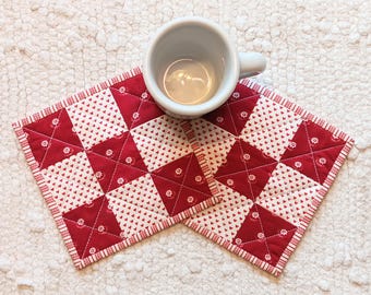 Quilted Mug Rugs 6.5" Coasters Set of 2 Classic Red White Patchwork Handmade