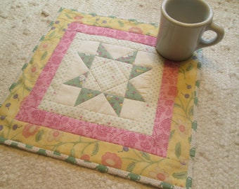 Quilted Table Topper 12.5 x 12.5 Runner Mug Rug Spring Summer Floral Star Country Rustic Farmhouse Cottage Wall Hanging