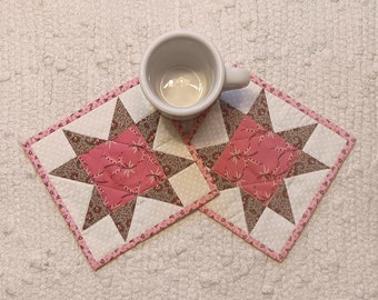 Quilted Fabric Mug Rugs Coasters Spring Handmade Farmhouse Country Rustic Star Primitive Cottage Chic Patchwork Set of 2