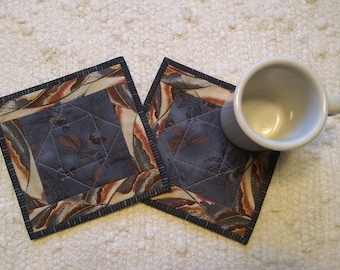 Japanese Floral Fabric Coasters: Quilted Mug Rugs, Modern Minimalist (6.5")