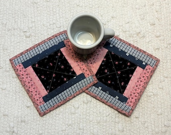 Quilted Mug Rugs: Vintage Floral Log Cabin Coasters, Set of 2 (6.5" Square)