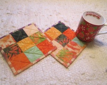 Fall Batik Quilted Fabric Mug Rugs Coasters Handmade Summer Fall Batik Boho Scrappy Patchwork