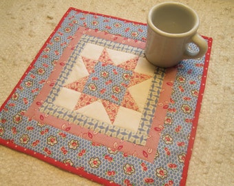 Quilted Table Topper 13 x 13 Spring Summer Retro Vintage 1930s Floral Star Country Farmhouse Cottage Chic Centerpiece