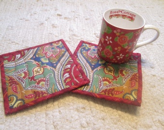 Quilted Fabric Mug Rugs Coasters Handmade Set of 2 Boho Modern Comtemporary Upcycled