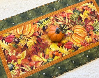 Quilted Table Runner: Fall Leaves Pumpkins Harvest Autumn Decor (14” x 26.5”)