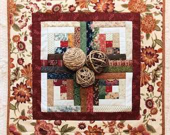 Handmade Log Cabin Quilted Table Topper: Rustic Farmhouse Decor (17" Square)