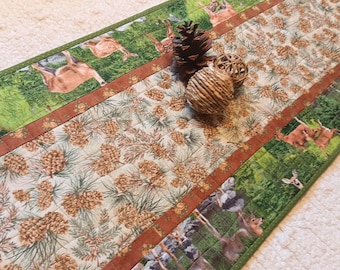 Handmade Quilted Table Runner: Rustic Deer & Pine Cone Cabin Decor (50 x 13.5)