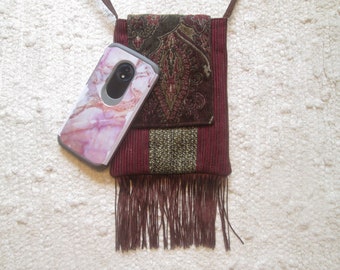 Upcycled Upholstery Crossbody Cell Phone Bag Boho Tapestry Fringe Vegan Small Messenger
