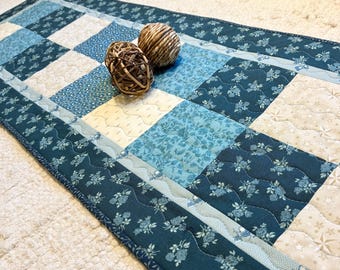 Quilted Table Runner: Scrappy Patchwork Handmade Teal Blue (45" x 13.75")