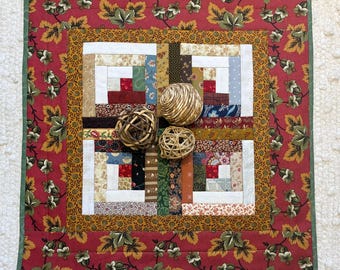 Handmade Log Cabin Quilted Table Topper: Rustic Farmhouse Decor (17" Square)