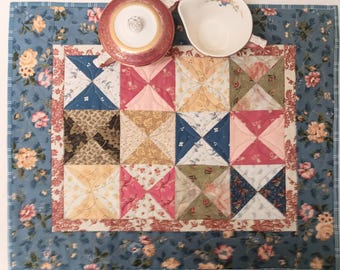 Handmade Quilted Table Topper: Floral Hourglass Design, 20.75 x 17"
