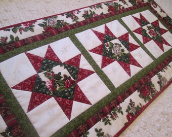 Quilted Table Runner 34 x 14.5 Topper Spring Summer Roses Handmade Primitive Scrappy Country Farmhouse Rustic Vintage Cottage Chic Ohio Star