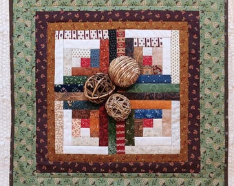 Handmade Log Cabin Quilted Table Topper: Rustic Farmhouse Decor (17.5" Square)