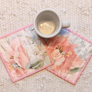 Quilted Upcycled Fabric Mug Rugs 6.25" Coasters Spring Summer Handmade Set of 2 Botanical Vintage Chintz Shabby Chic Cottagecore Farmhouse
