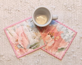 Quilted Mug Rugs: Upcycled Vintage Chintz, Botanical Print, Set of 2 (6.25" Square)