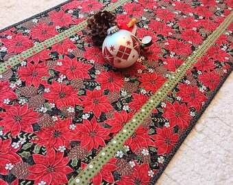 Christmas Table Runner: Quilted Winter Decor, Poinsettias, Pine Cones (14.25 x 45.25)