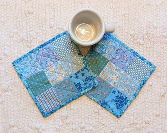 Quilted Mug Rugs Coasters 6.5" Blue Scrappy Patchwork Farmhouse Cottage Country