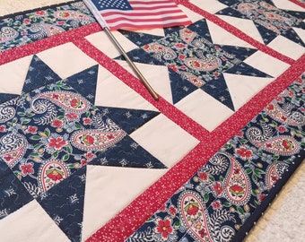 Quilted Table Runner 31.5 x 14.5 Topper Independence Day Patriotic Paisley Star Traditional Farmhouse Country Cottage Chic