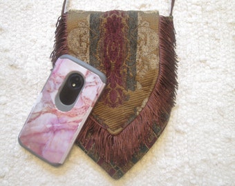 Small Crossbody Bag Cell Phone Handmade Purse Boho Gypsy Hippie Vegan Upcycled Tapestry Fringe