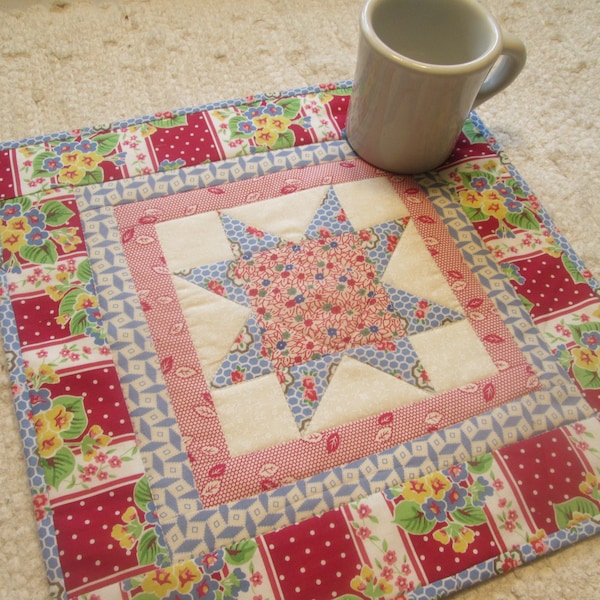 Quilted Table Topper 13 x 13 Runner Spring Summer Retro Vintage 1930s Floral Star Country Farmhouse Cottage Chic Centerpiece