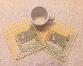 Quilted Fabric Coasters Mug Rugs Gift under 15 Handmade Farmhouse Country Cottage Chic Patchwork Floral Log Cabin Courthouse Steps Set of 2