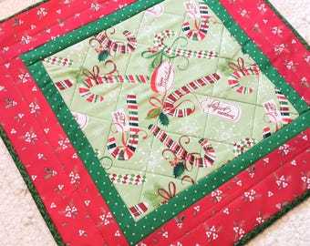 Quilted Christmas Table Topper 15.5 x 15.5 Runner Handmade Candy Canes Modern