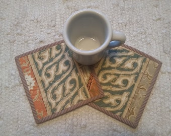 Quilted Fabric Mug Rugs Coasters Upcycled Handmade Set of 2 Boho Modern Neutral Faux Block Print Farmhouse Rustic