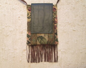 Small Crossbody Cell Phone Bag Boho Cottagecore Gypsy Hippie UpcycledTapestry Fringe Vegan Fabric Passport Messenger